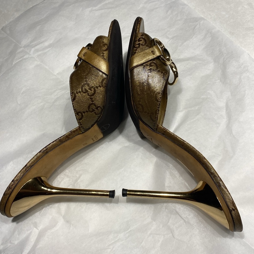 GUCCI Crystal Horsebit GG Heeled Monogram Gold Stiletto Mules size 8 & dust bag - Picture 13 of 17